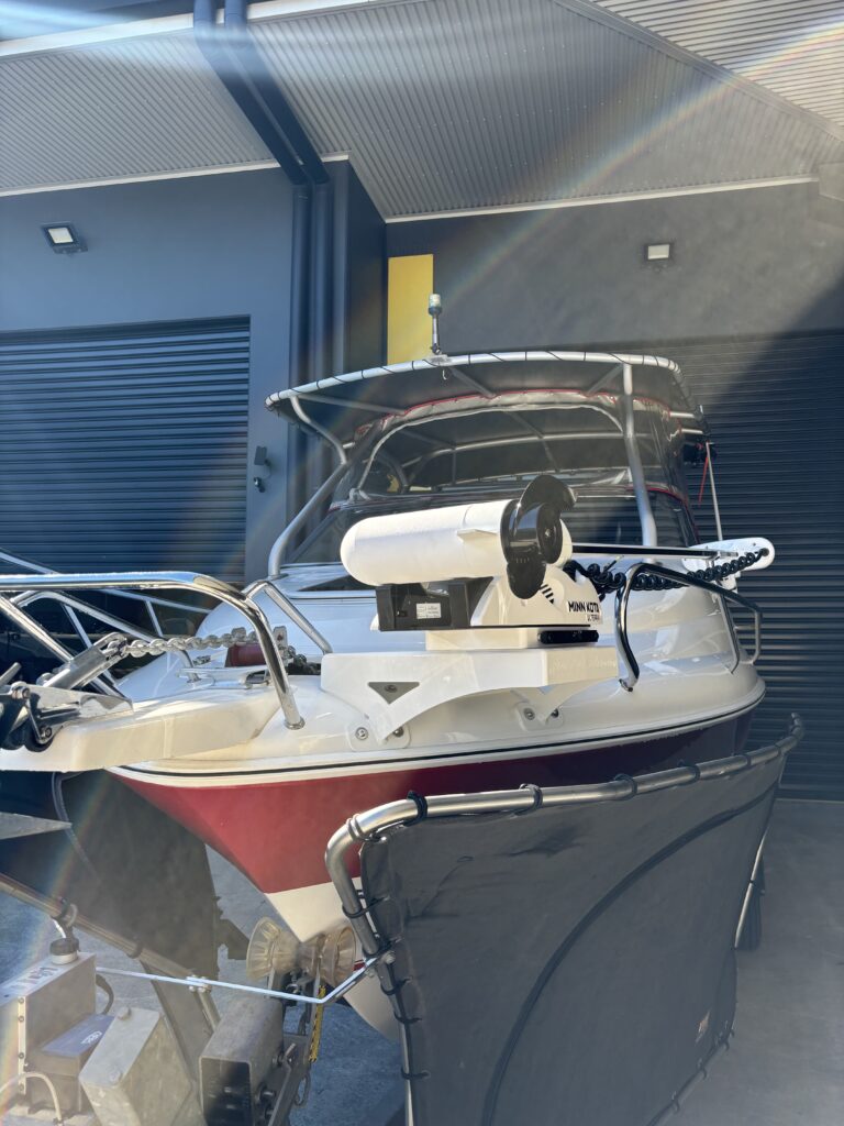 Northbank 650c boat with a custom fabricated trolling motor mount installed to the bow with a minn kota installed