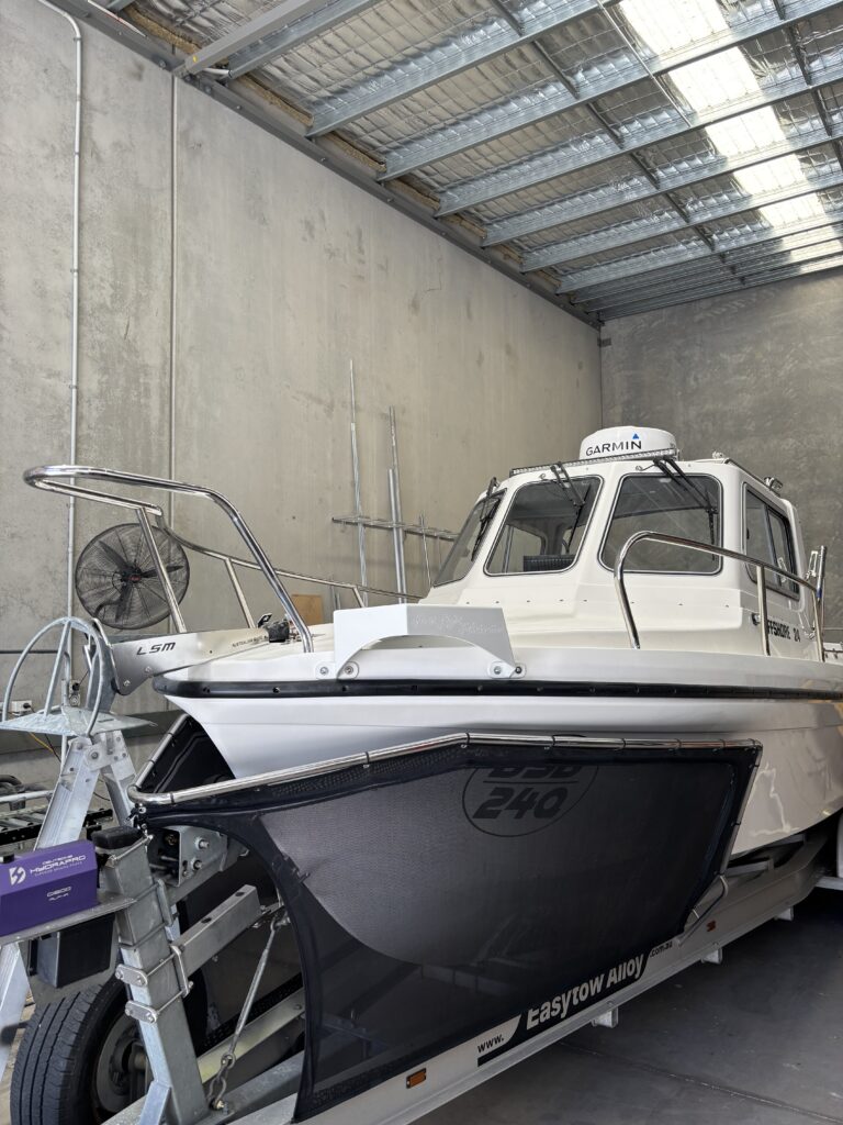 Bass Straight Boat Offshore 2024 model with a custom fabricated aluminium trolling motor mount, with bow rails modified.